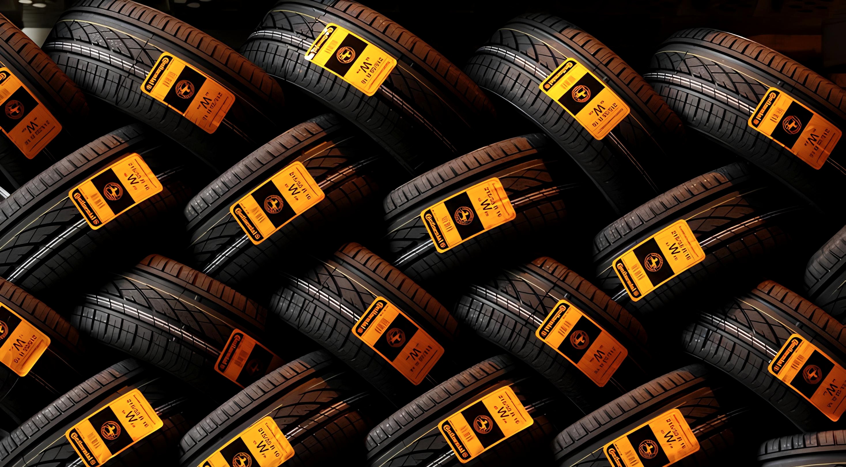Racks of new car tyres stacked at the GB Tyre Services workshop
